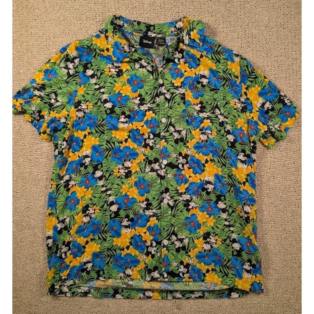 Disney Mickey Mouse Floral Hawaiian Shirt Men’s XL Aloha Button Down 100% Rayon